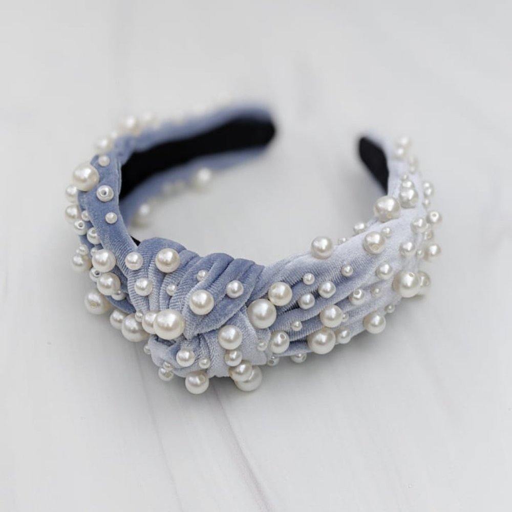Muted Blue Pearl Beaded Knot Velvet Headband Handmade Bridal Wedding Bridesmaid